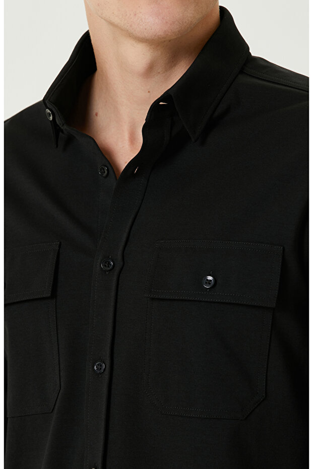 Siyah Çift Cepli Örme Gömlek - 5