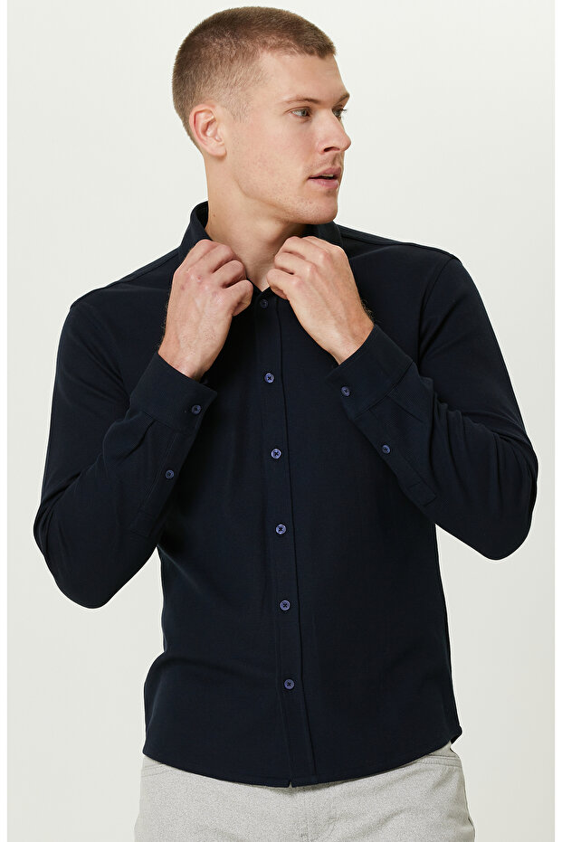 Lacivert Merserize Örme Gömlek - 2