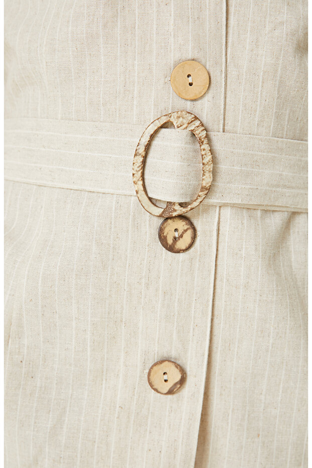 Bej Kadın Keten Elbise - 5