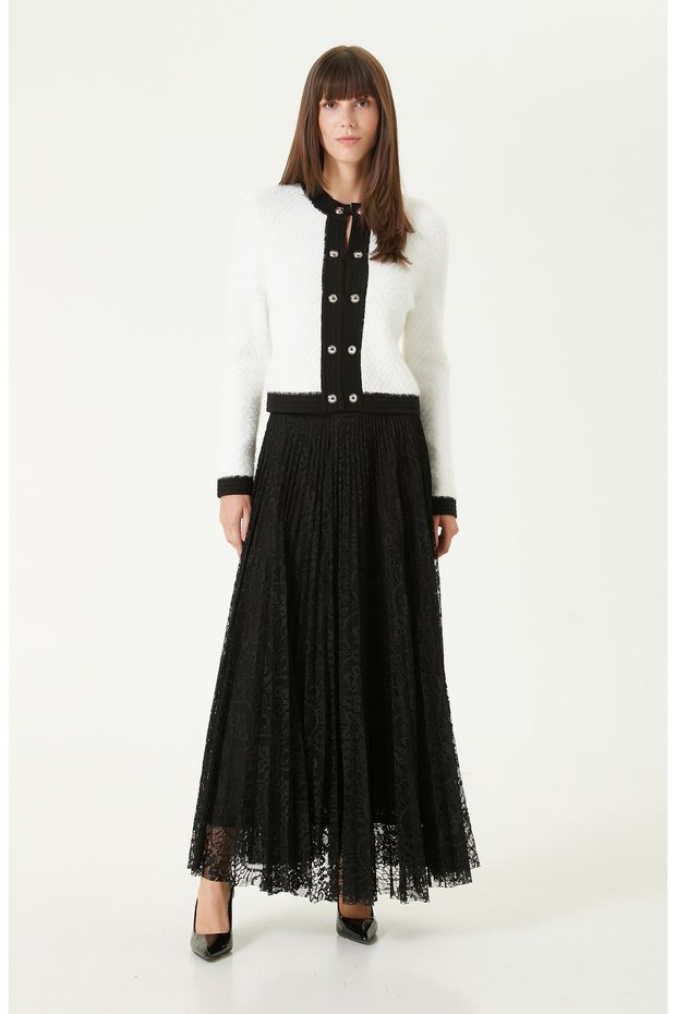 Siyah Piliseli Dantel Maxi Etek - 1