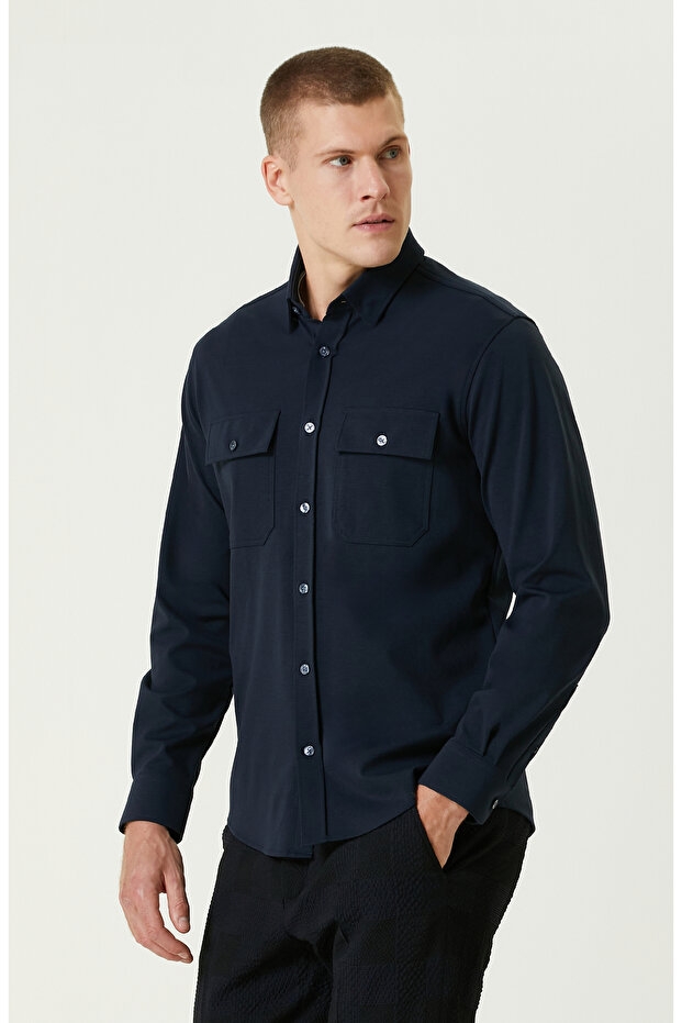 Lacivert Çift Cepli Gömlek - 4