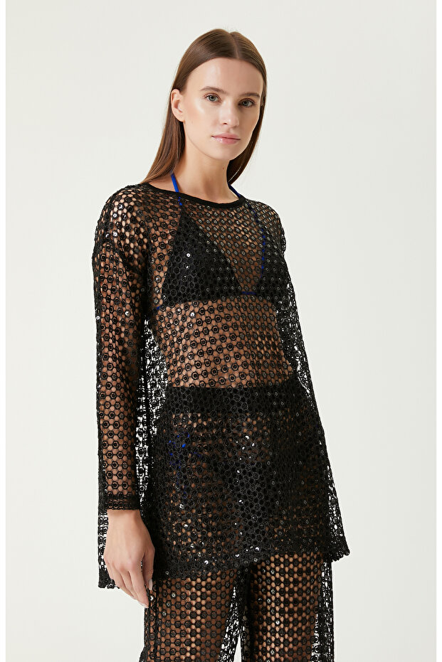 Siyah Ajurlu Plaj Bluz - 1