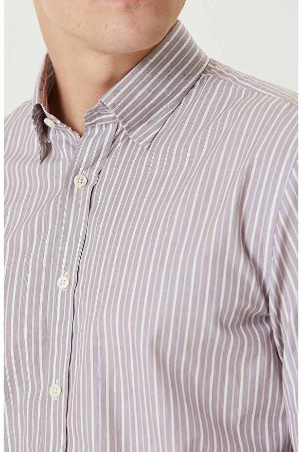 Bordo Çizgi Desenli Gömlek - 6