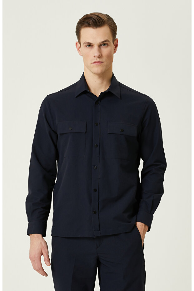 N-Tech Lacivert Gofreli Gömlek - 1
