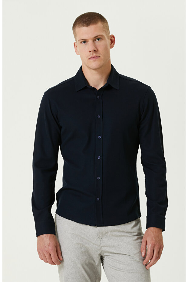 Lacivert Merserize Örme Gömlek - 1