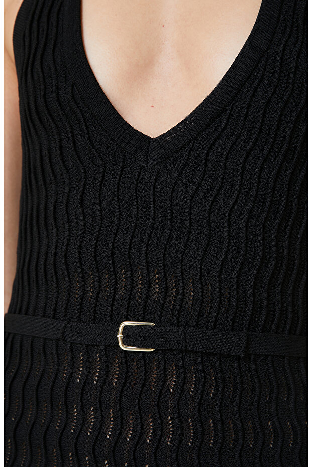 Siyah Midi Triko Elbise - 4