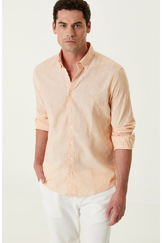 Turuncu Keten Karışımlı Gömlek - 1