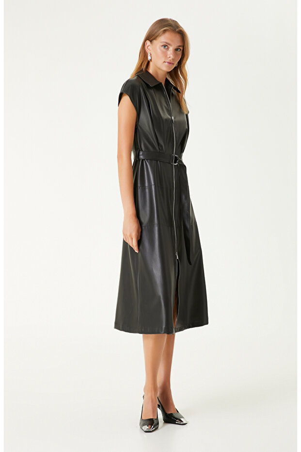 Siyah Boydan Fermuarlı Elbise - 1