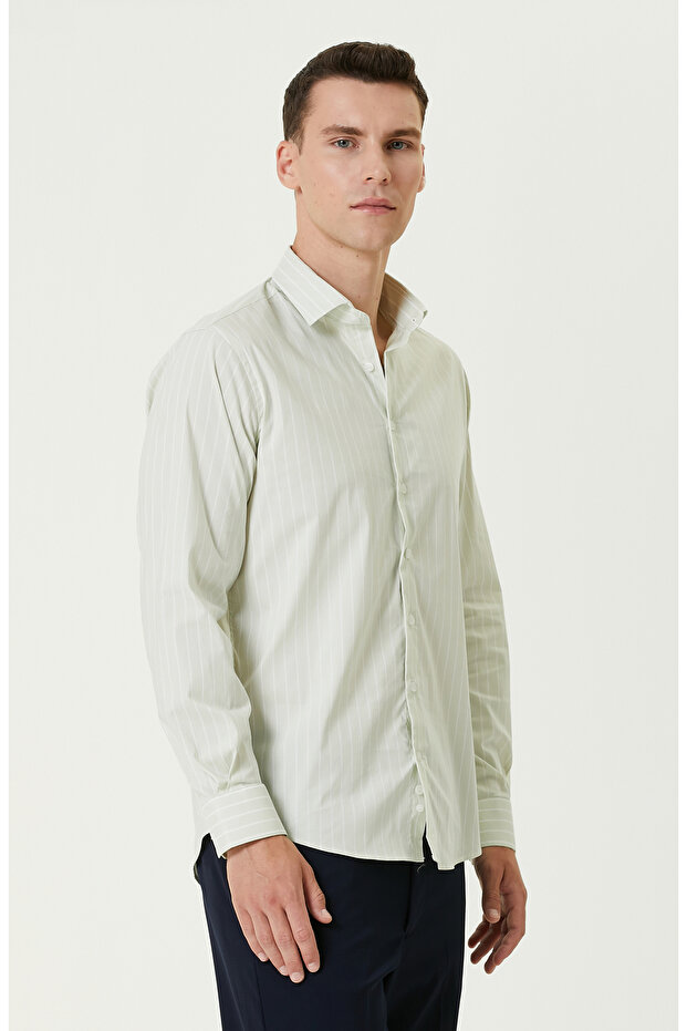 Yeşil Çizgi Desenli Gömlek - 5