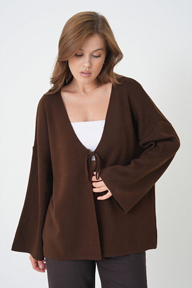 Women's Brown Knitwear Front Tie Wide Cut Cardigan 6246