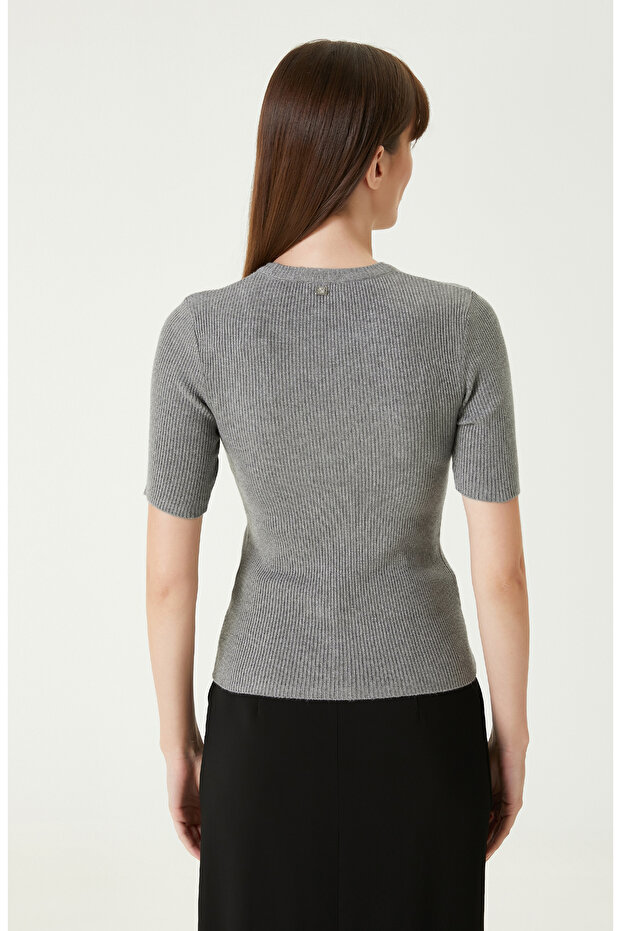 Gri Melanj Kısa Kol Basıc Triko Kazak - 6