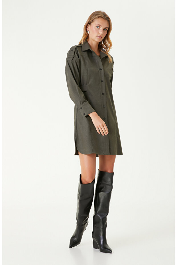 Haki Gömlek Mini Elbise - 1