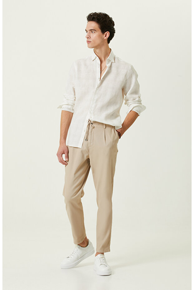 Ekru Ekose Keten Gömlek - 2