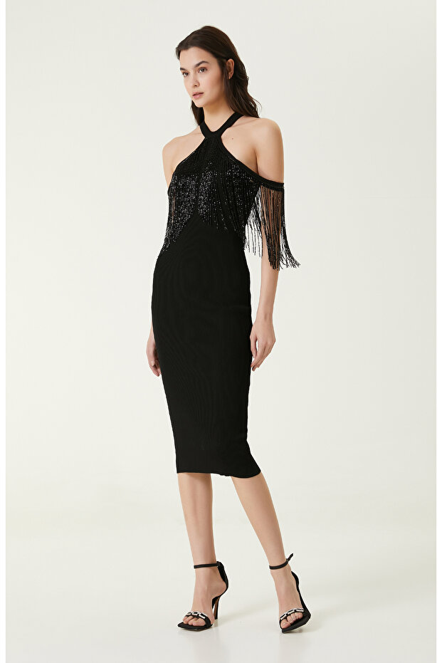 Siyah Midi Abiye Elbise - 1