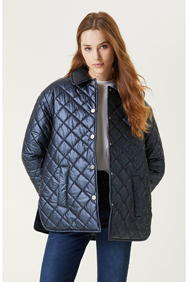 Lacivert Deri Kapitone Mont - 1