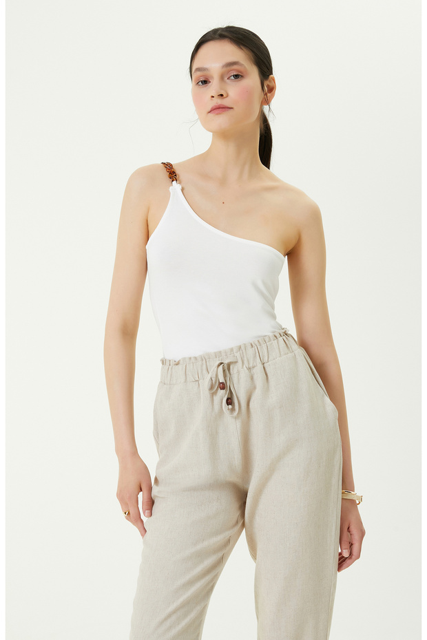 Tek Omuz Yaka Ekru Tshirt - 1