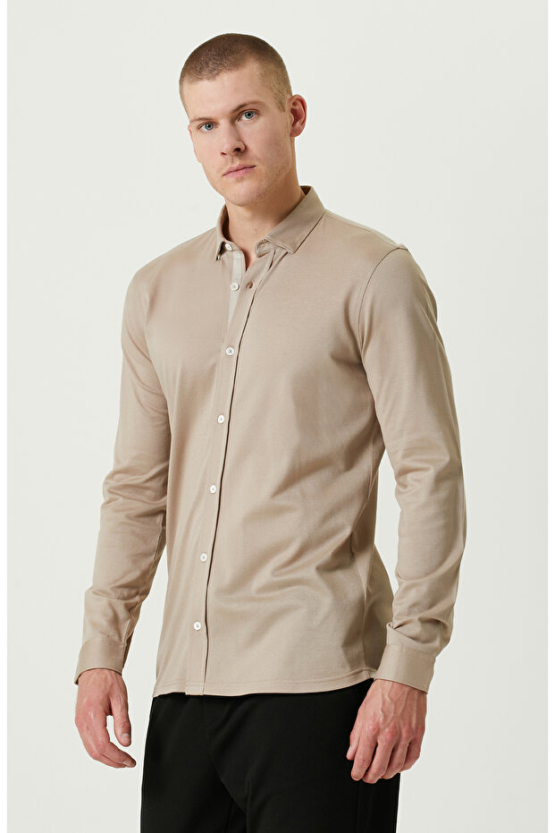 Bej Pamuklu Örme Gömlek - 3