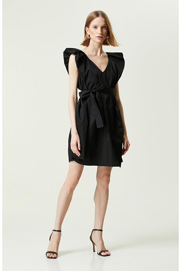 Siyah Kolsuz V Yaka Elbise - 2