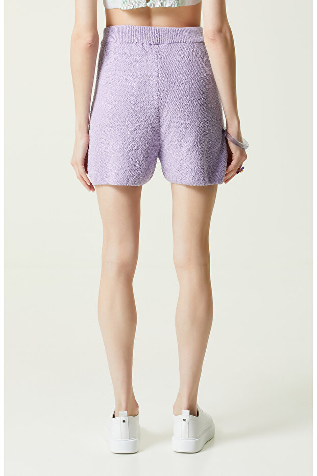 Lila Düz Paça Triko Şort - 4
