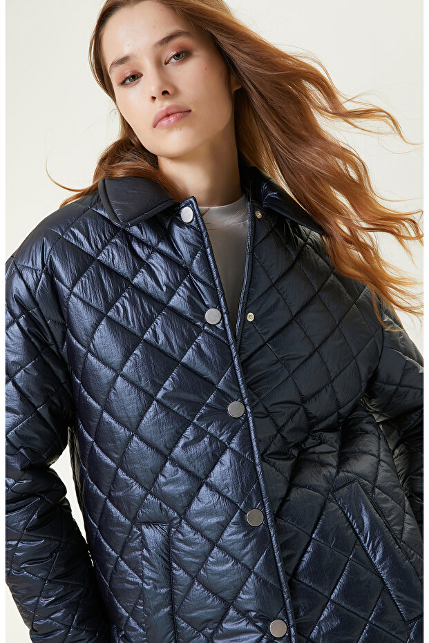 Lacivert Deri Kapitone Mont - 2