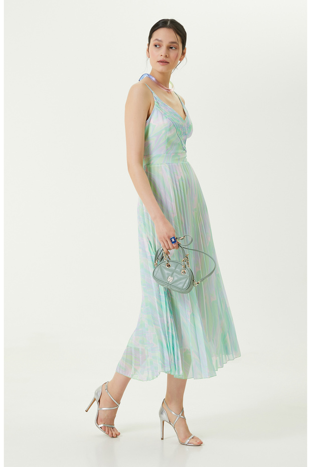 Yeşil Pembe V Yaka Piliseli Elbise - 1