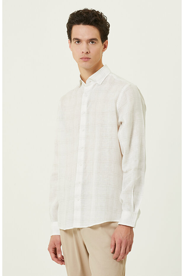 Ekru Ekose Keten Gömlek - 3