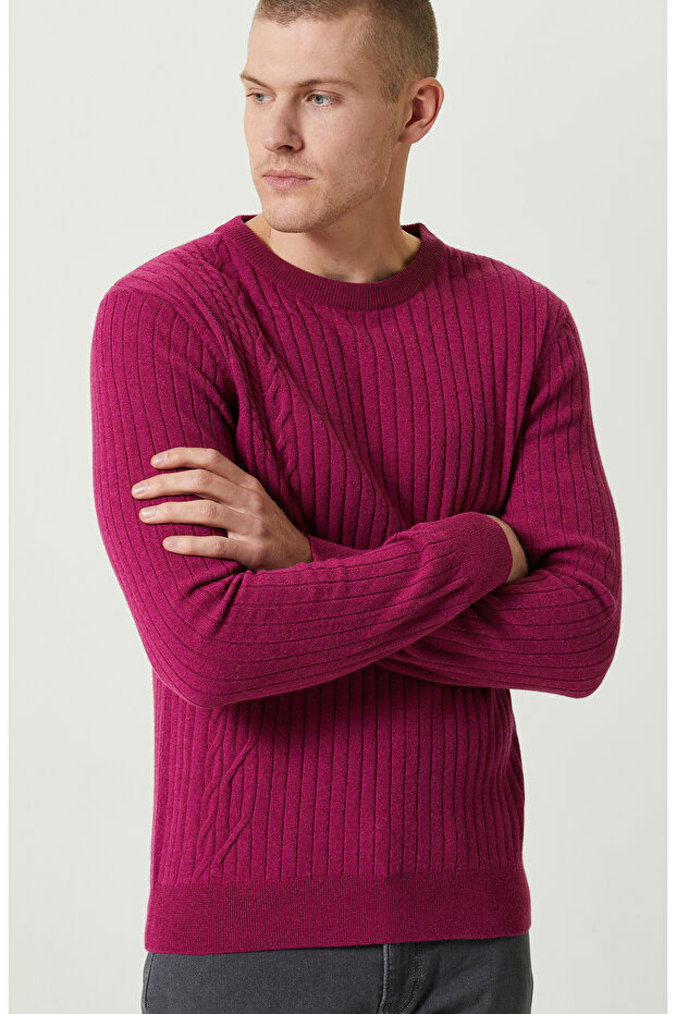 Fuşya Saç Örgülü Triko Kazak - 6