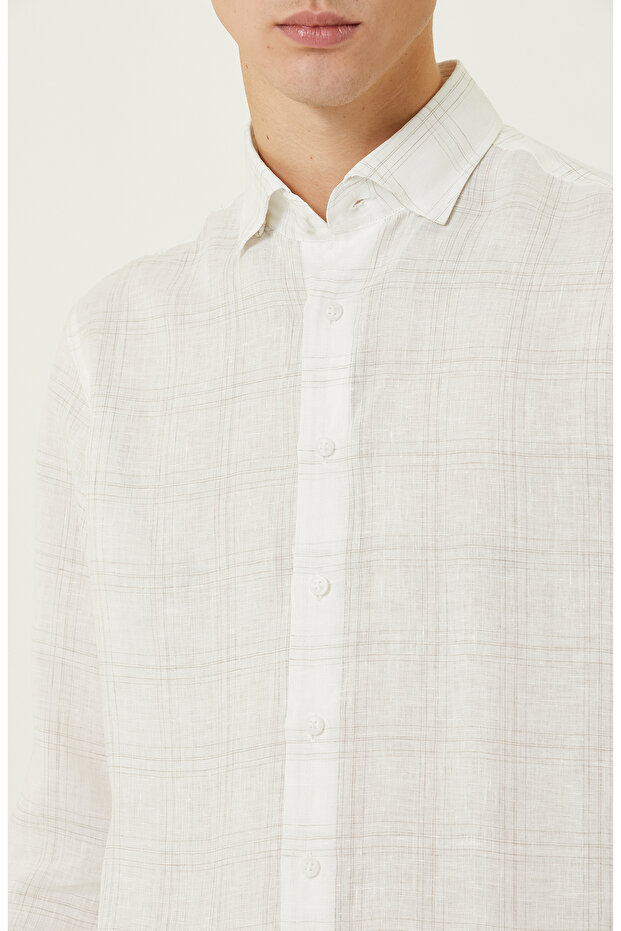 Ekru Ekose Keten Gömlek - 5