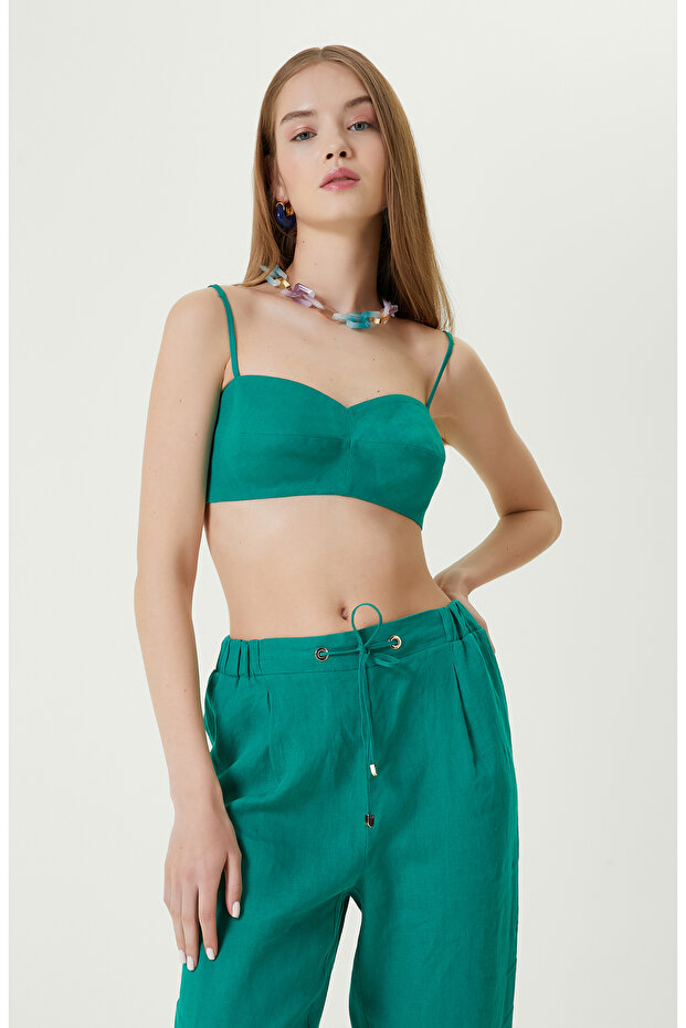 Yeşil Askılı Keten Büstiyer - 1