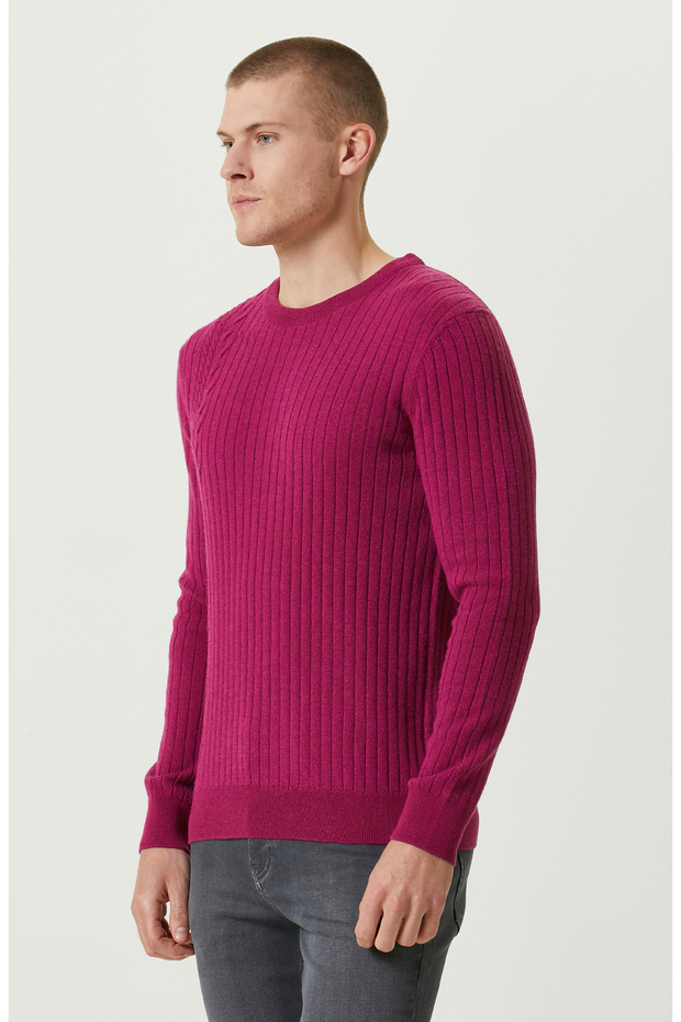 Fuşya Saç Örgülü Triko Kazak - 3