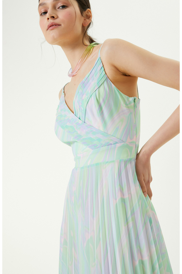 Yeşil Pembe V Yaka Piliseli Elbise - 3