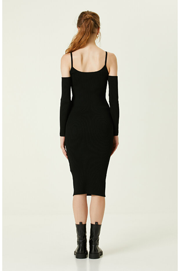 Siyah Midi Elbise - 5