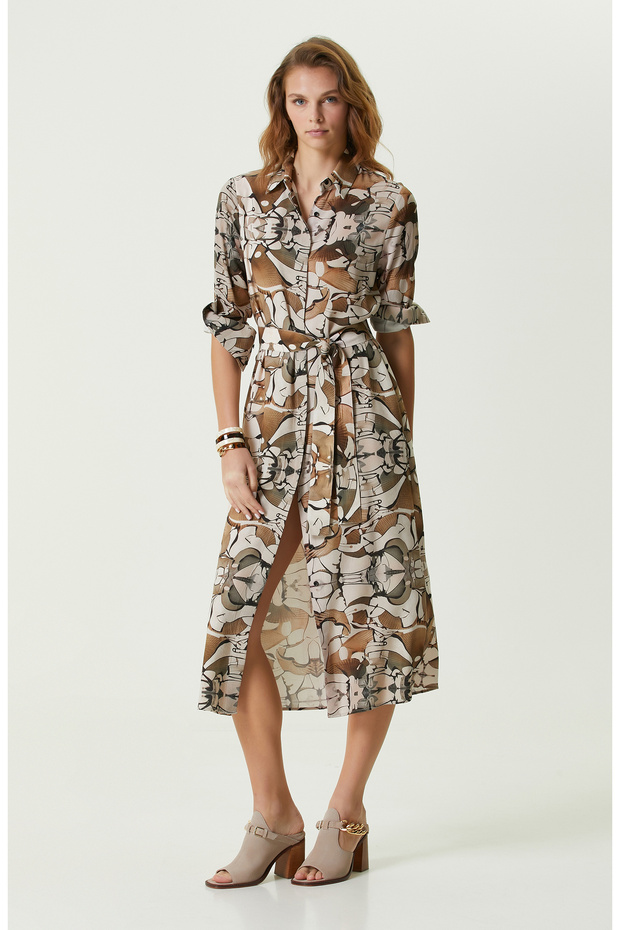 Haki Desenli Midi Boy Elbise - 1