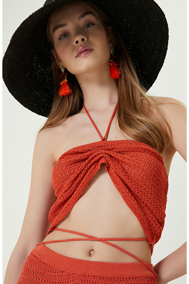 Turuncu Askılı Straplez Triko Bluz - 1