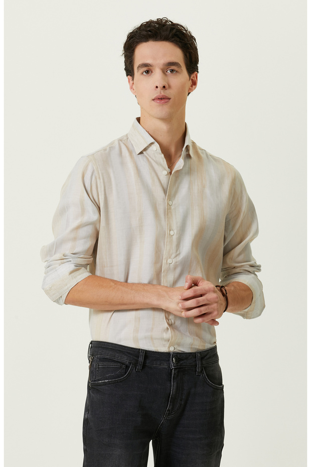 Bej Desenli Gömlek - 1