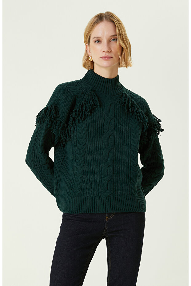 Yeşil Örgü Dokulu Yün Kazak - 1