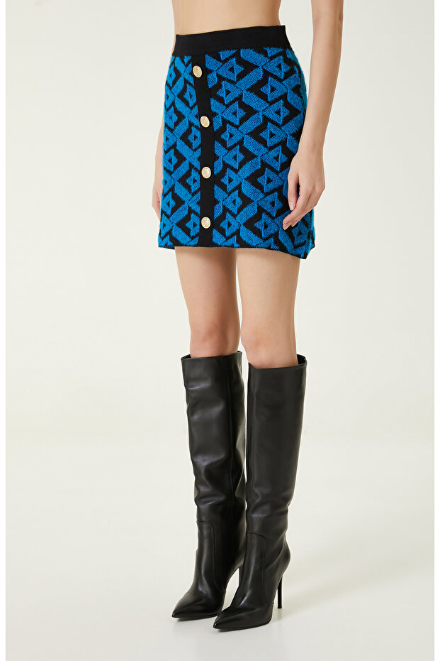 Siyah Mavi Triko Mini Etek - 3