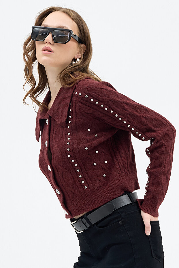 7265 Buttoned Stone Cardigan Burgundy - 1