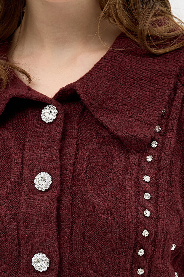 7265 Buttoned Stone Cardigan Burgundy - 4