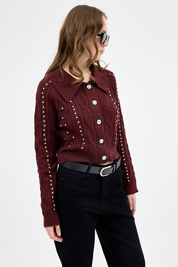 7265 Buttoned Stone Cardigan Burgundy - 6