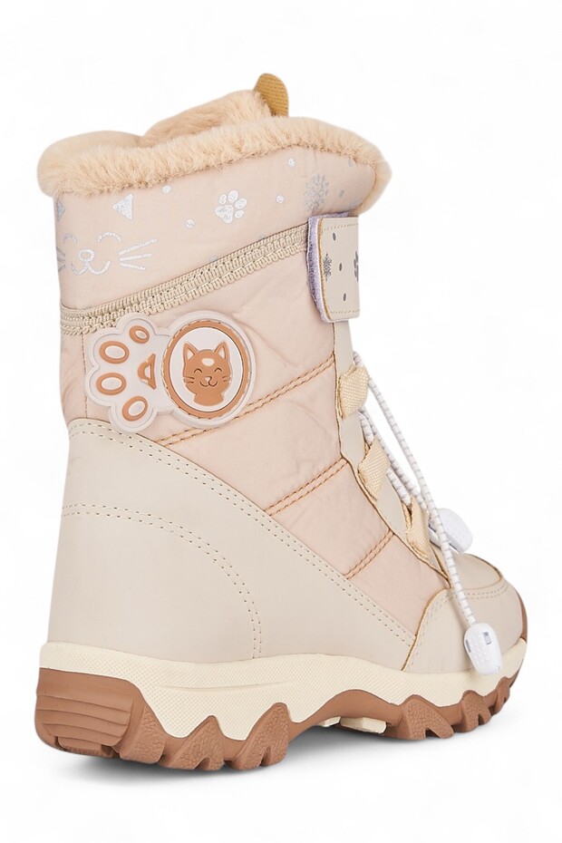 Günlük Bej Kız Çocuk Kar Botu Cırtlı Lastik Bağcıklı Kürklü Kalın Tırtıklı Taban Bootie 014 - 4