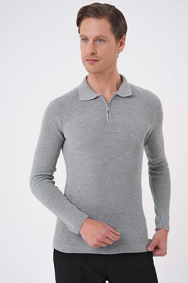 Tr 878 Triko Slim Fit Gri Basic - 1