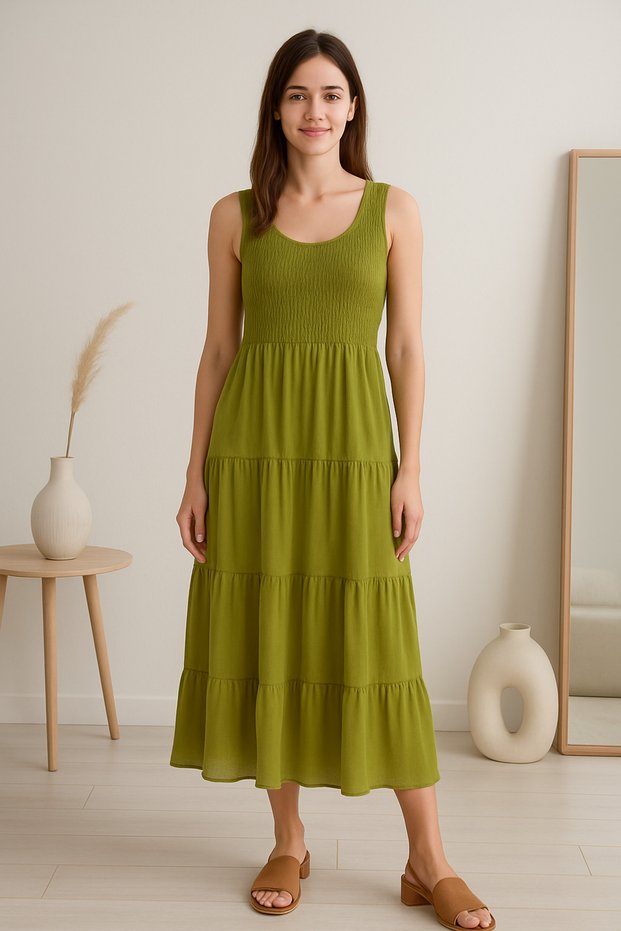 Women's Clothing Green Color Ruched Detail Strap Long Casual Comfortable Dress