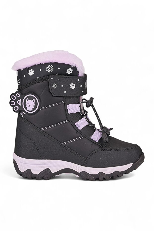 Daily Girls' Snow Boots Velcro Rubber Laced Fur Snow Patterned Thick Serrated Sole Bootie 014