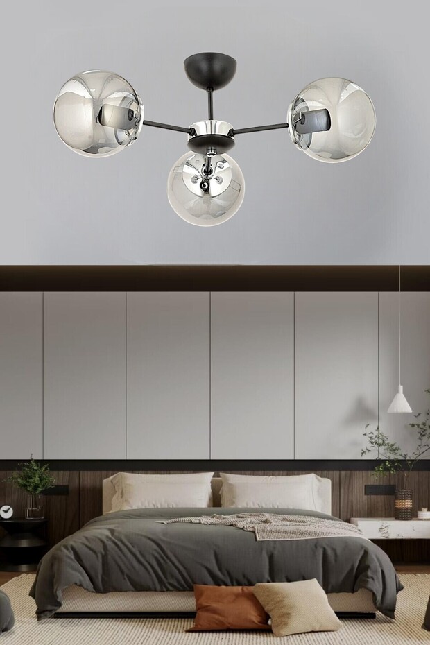 Güneş 3 Lü Plafonyer Avize Füme Glob Camlı Salon Yatak Odası Mutfak - 4