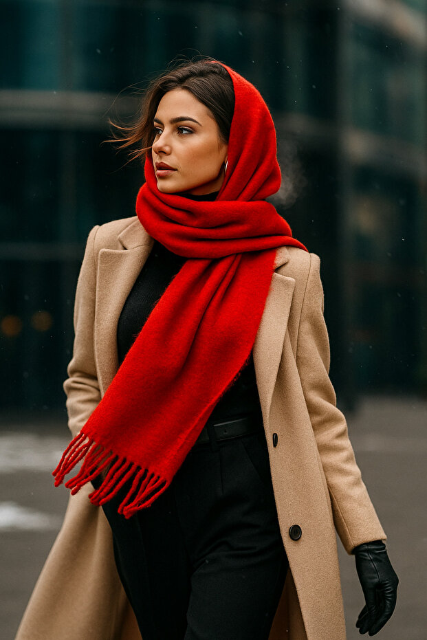 Red Tassel Scarf – Shawl and Wide Construction, Ideal for Cold Weather Sal1296