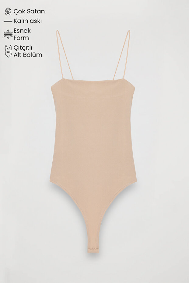 İnce Askılı Bodysuit Bej - 1