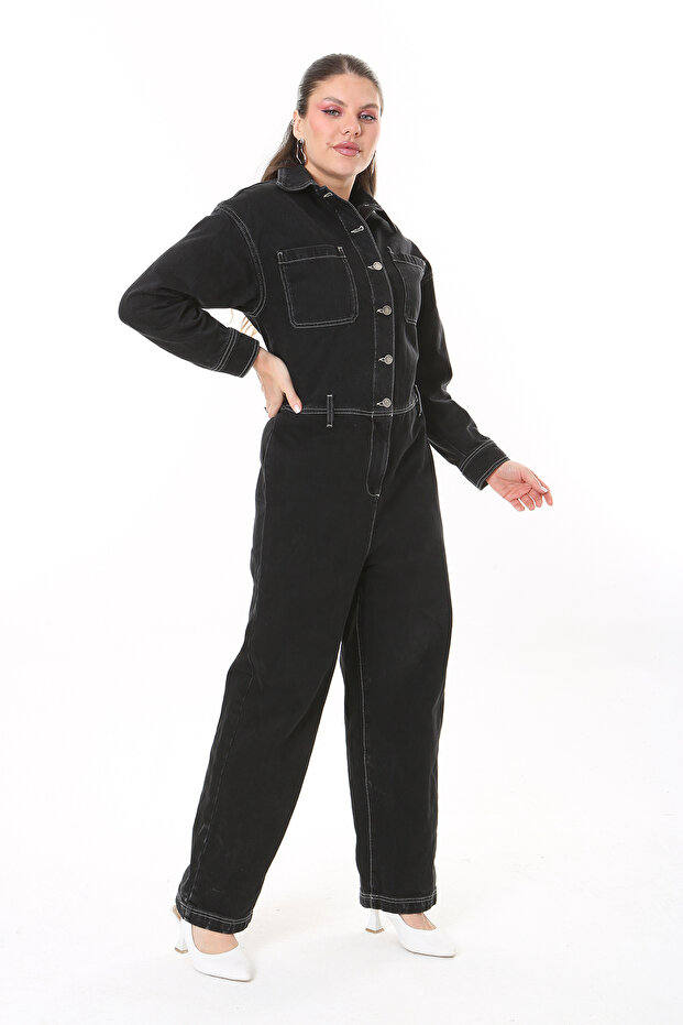 Women's Plus Size Black Contrast Stitching Metal Button Jeans Jumpsuit 65N37723