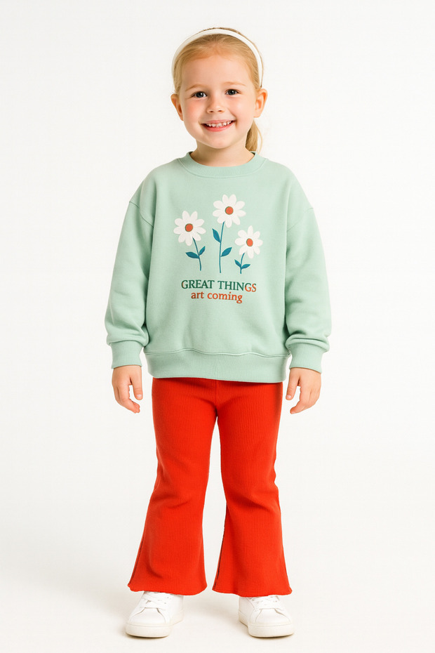 Girl's Daisy Print Sweatshirt-Fit Spanish Leg Leggings Suit Pomegranate