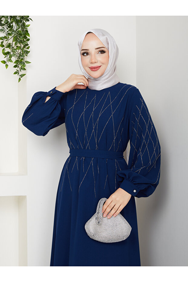 Modest Dress with Diamond-Shaped Stone Pattern
